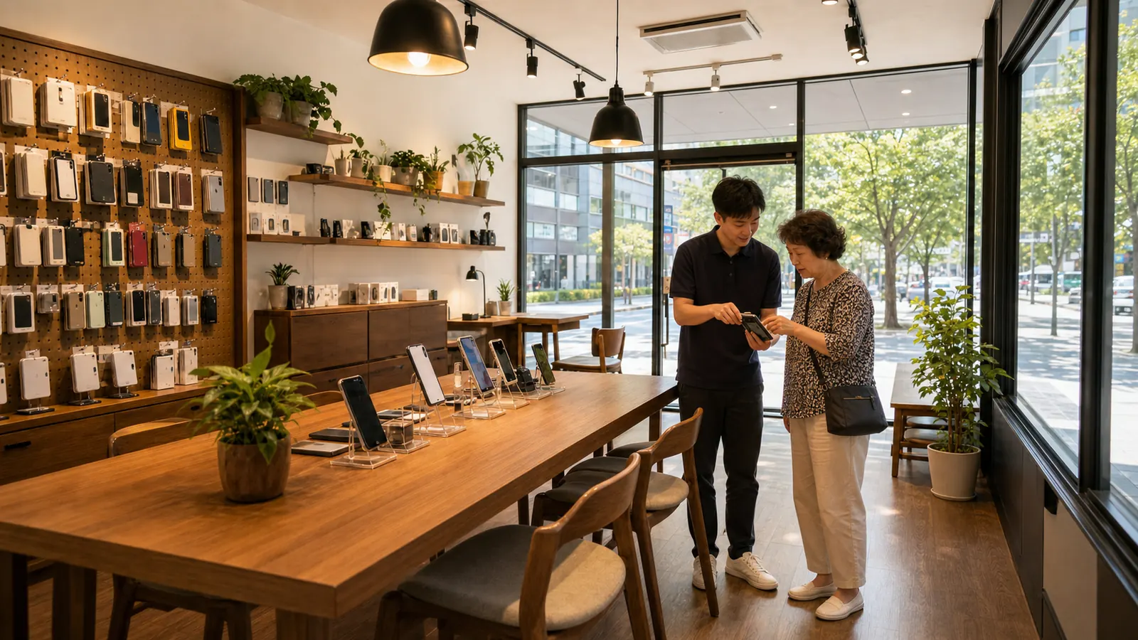 老友门店白天服务场景：男员工站着为女顾客讲解手机